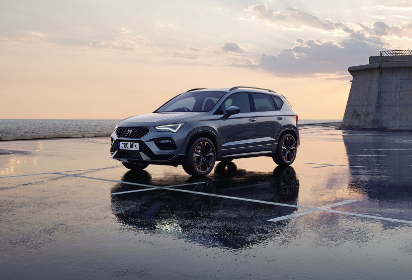 New CUPRA Ateca in Rhodium grey colour. Front view front grille design of the sporty SUV.